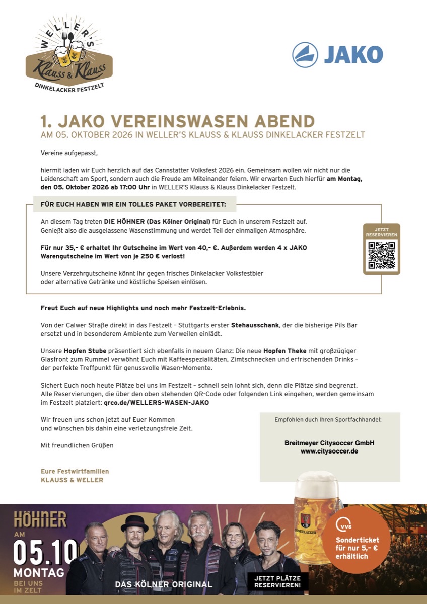 1. JAKO Vereinswasen-Abend 2026 im WELLER'S Festzelt